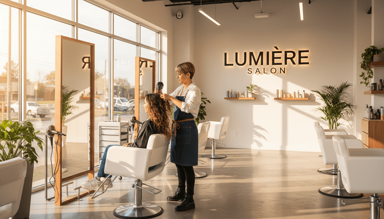 Professional hairstylist styling client's hair in a bright, modern salon