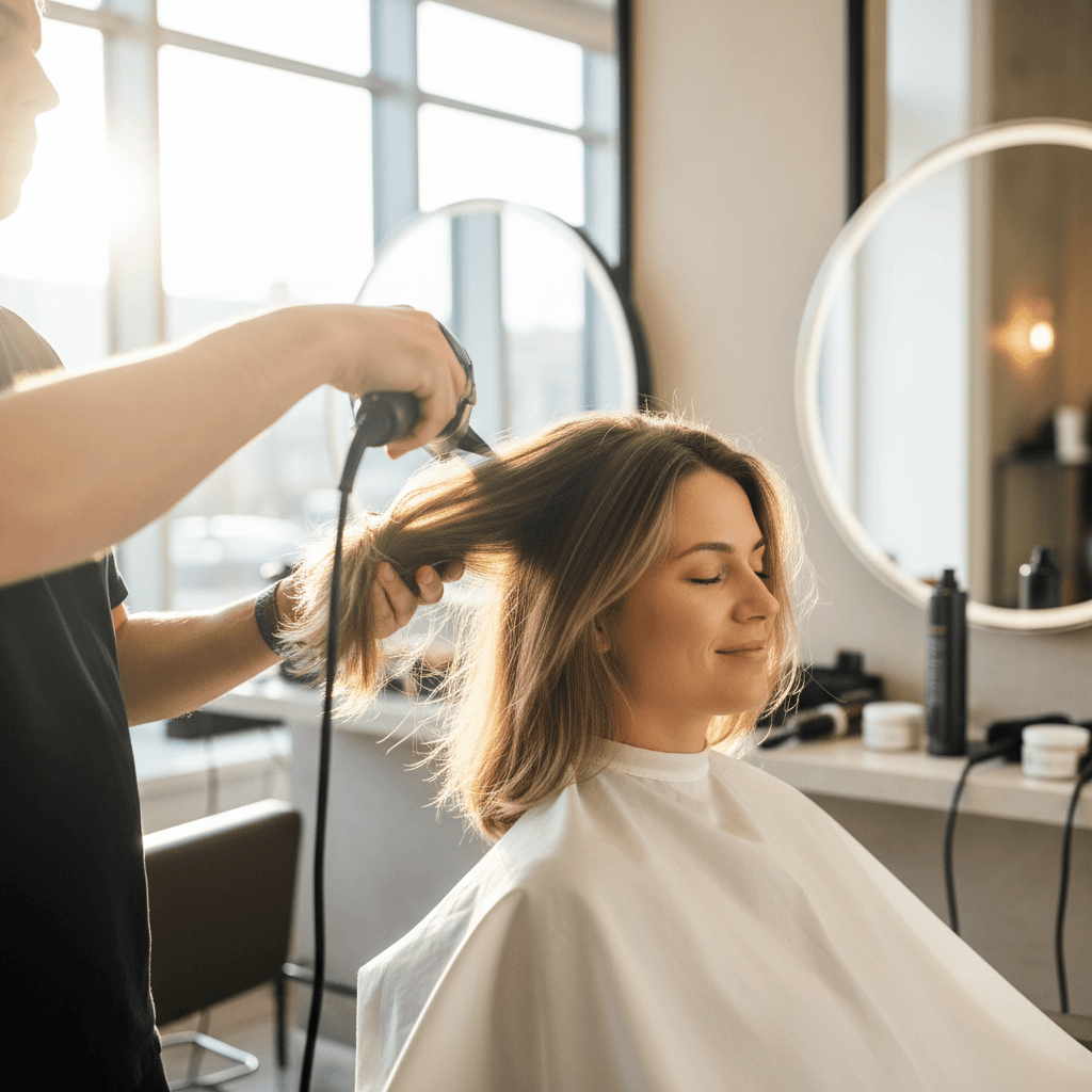 Professional blow-dry styling creating silky polished hair