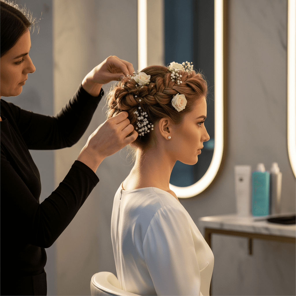 Elegant wedding up-do styled for special occasion at Grazie Salon