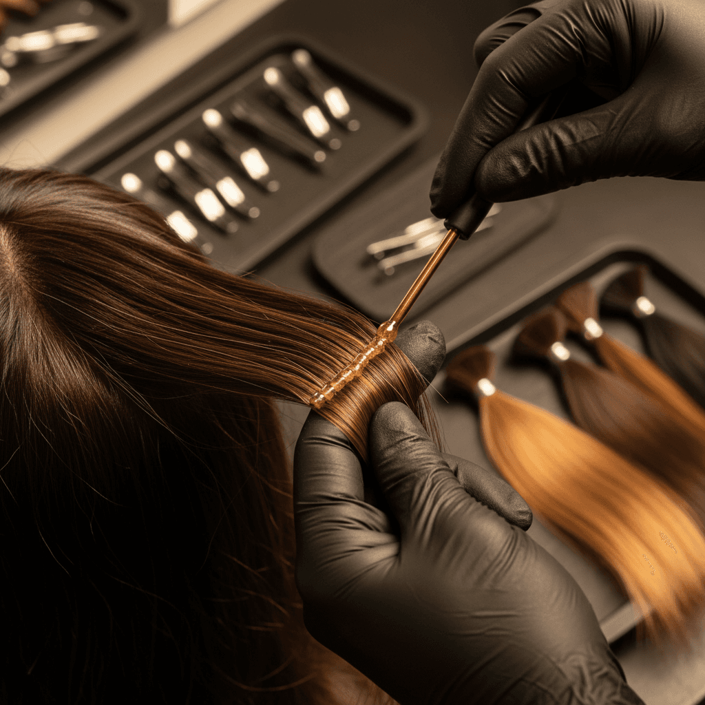 Detailed hair extension application showing professional technique