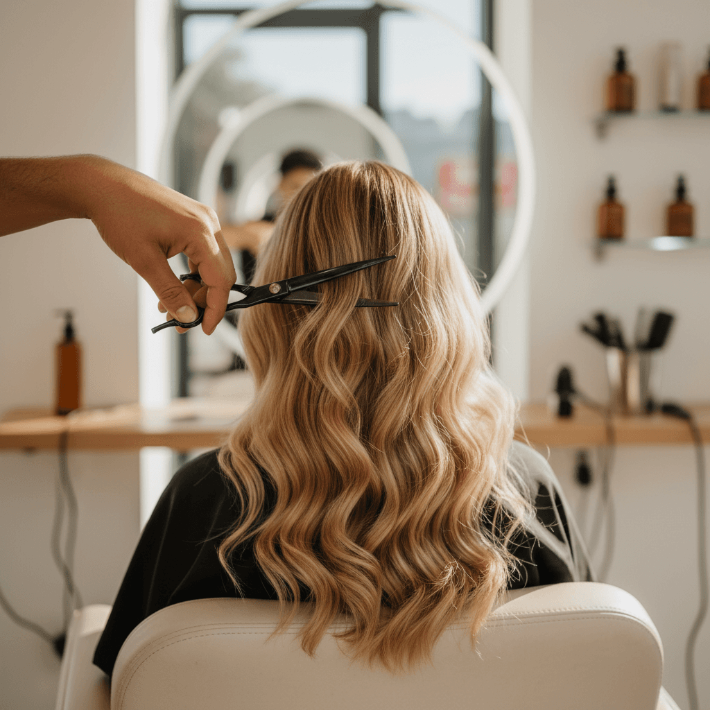 Stylist cutting client hair with precision shears in Grazie Salon