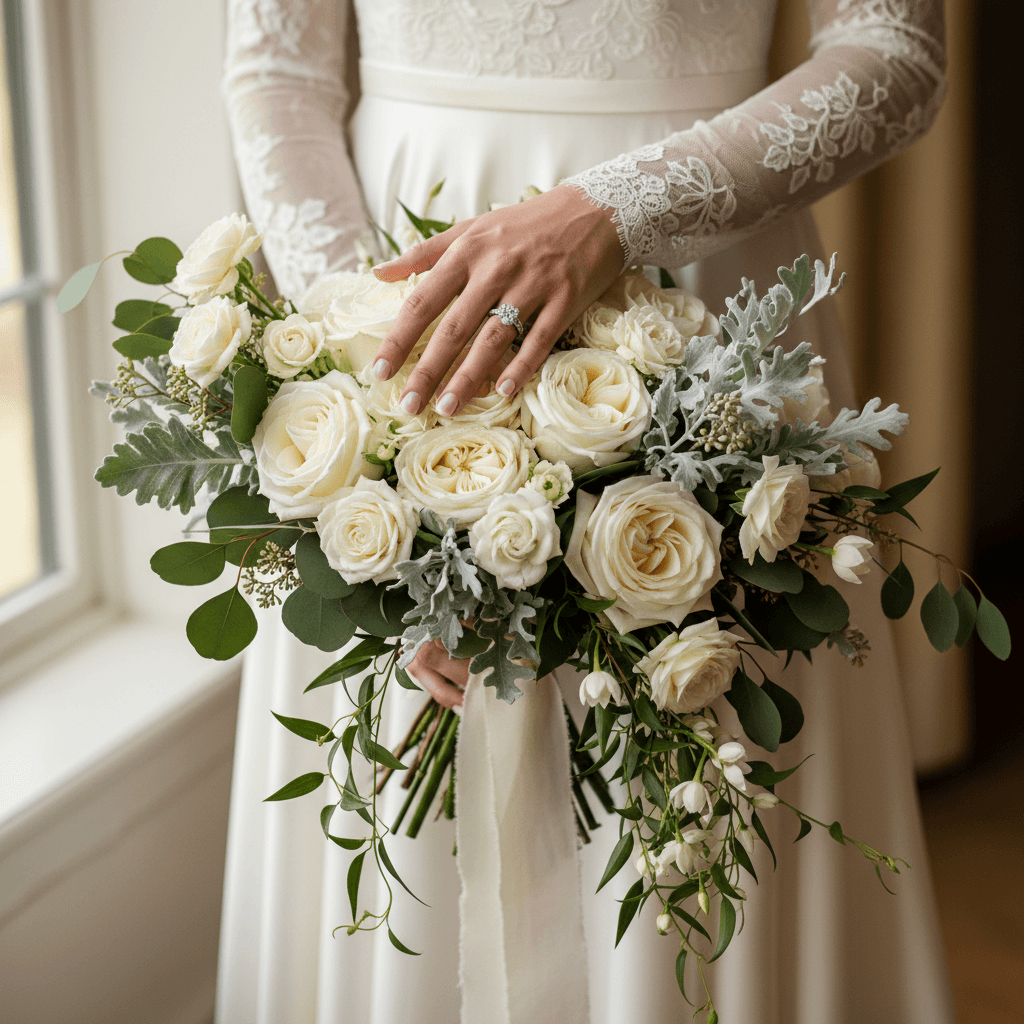 Bridal updo with intricate braiding and pearls