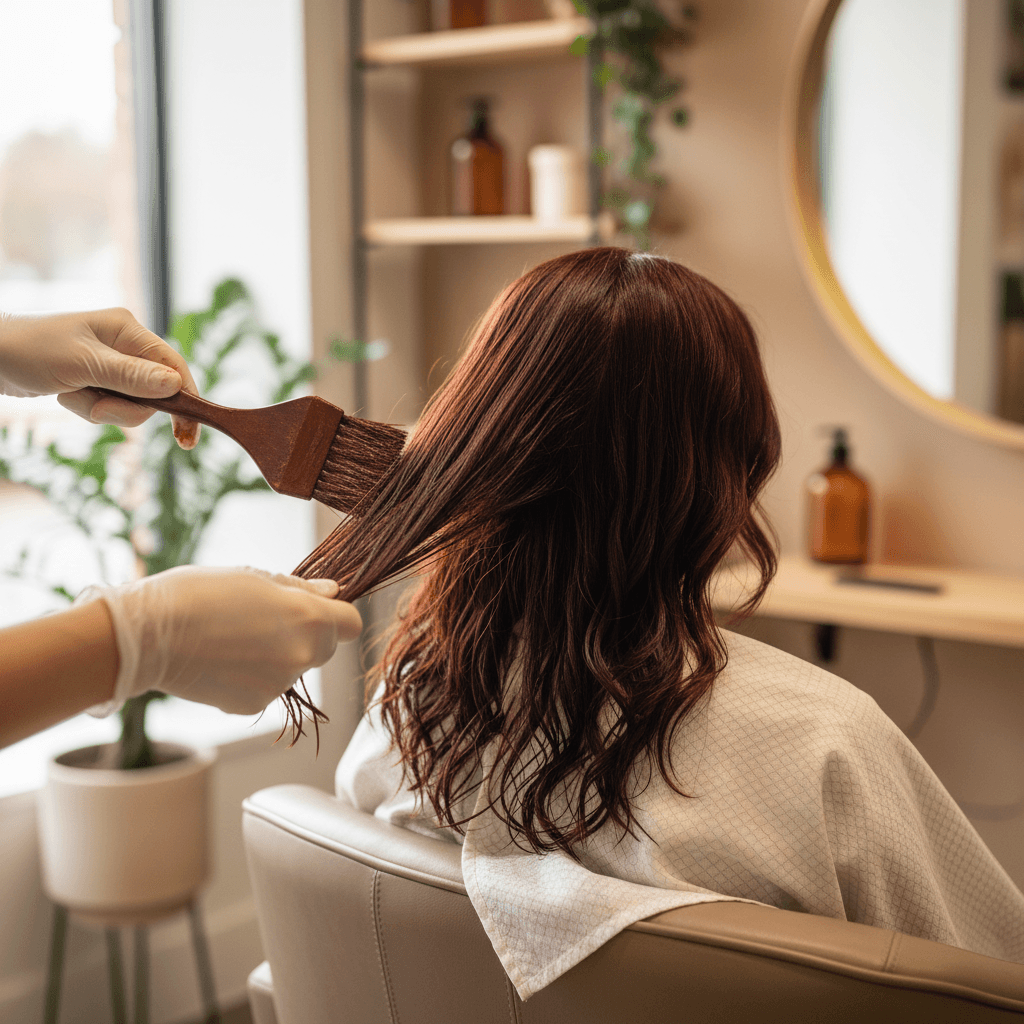 Professional stylist applying hair color treatment with precision in a modern salon