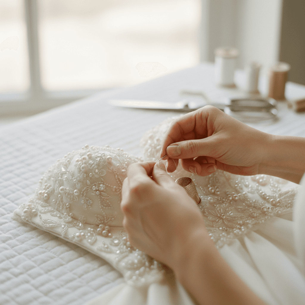 Close-up of hands styling intricate bridal bun with silk ribbon