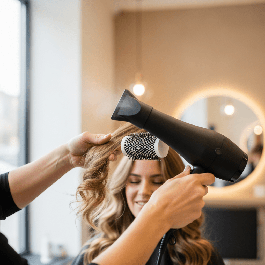Stylist creating bridal look on wedding day