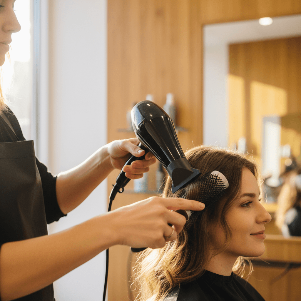 Skilled hairstylist blow-drying and styling client's hair with precision in a professional salon setting