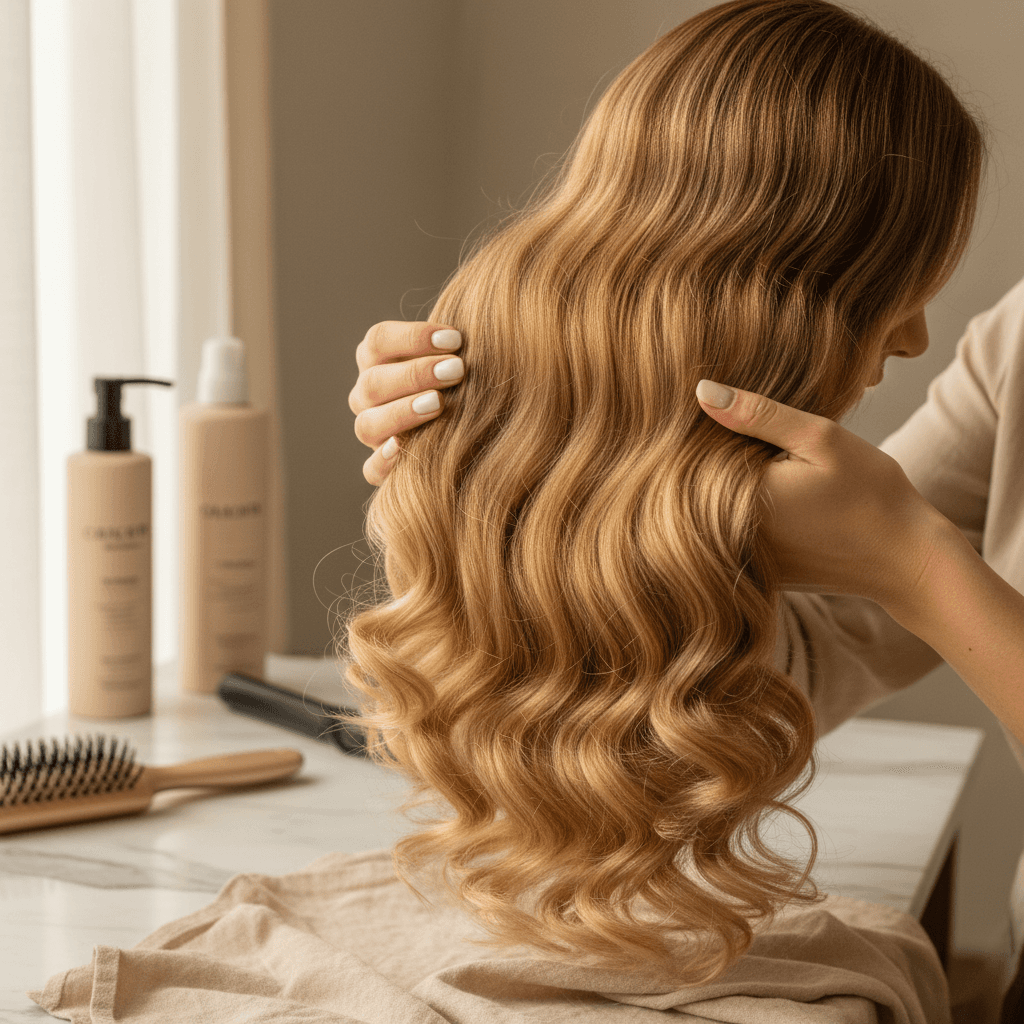 Professional hair extensions being applied