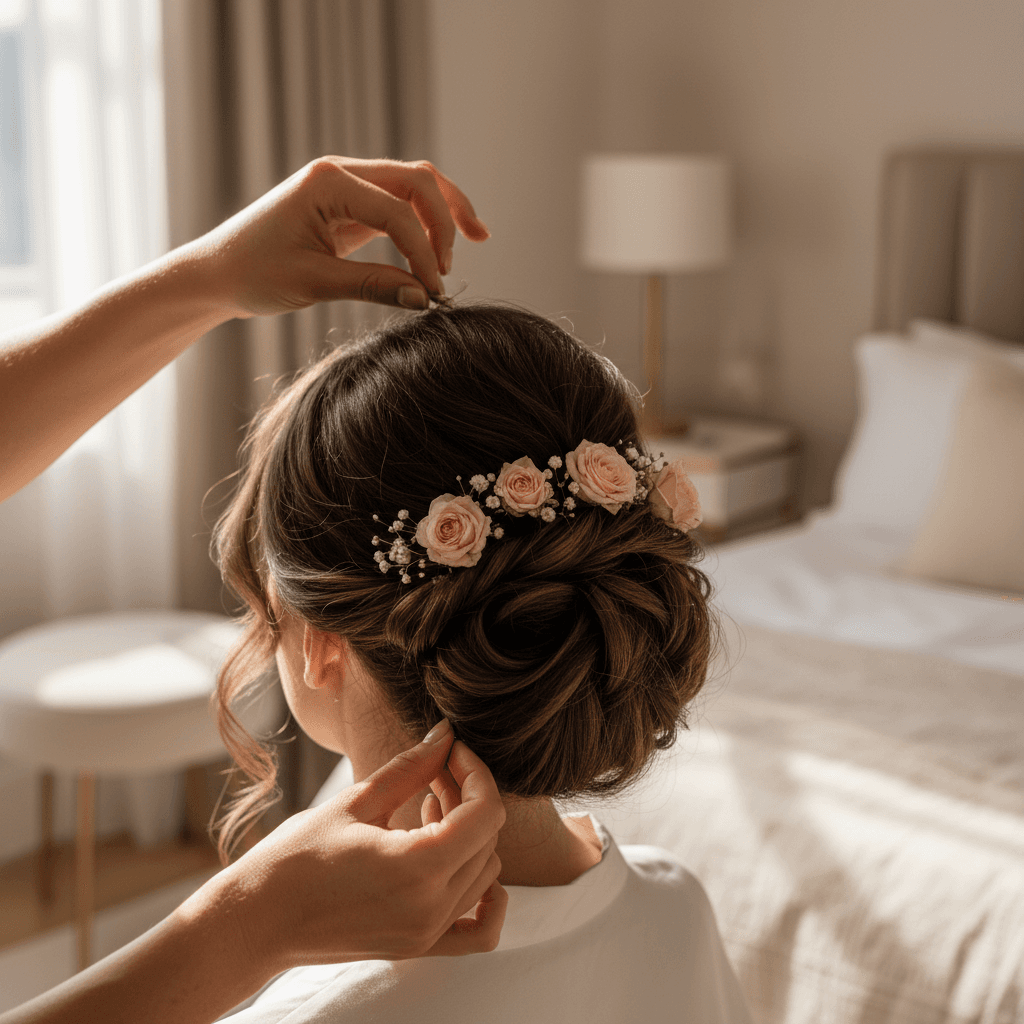 Bridal updo styling for wedding