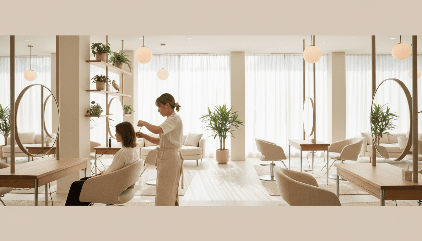 Grazie Salon professional styling station with golden light, black chair, organized products, and warm welcoming interior design